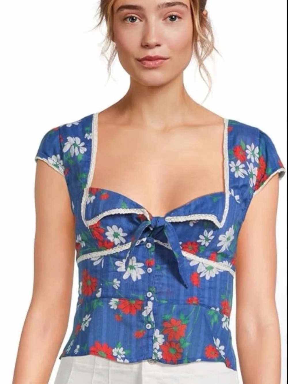 Free People Blue Floral Tie-Front Crop Blouse